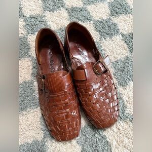 SUNSTEPS Men's Hand Woven Brown Leather Huarache Loafers Boho Grandpa Size 9